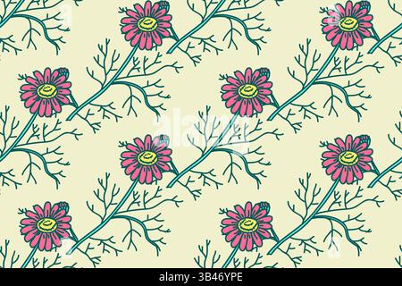 Botanical floral seamless pattern with pink daisy flowers vector illustration. Repeating chamomile plants in beige background. Graphic design for Fash Stock Vector