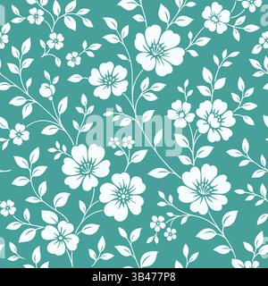Seamless floral pattern with white blooming flowers and leaves on teal background. Vintage elegant vector design for fabric, wallpaper, and decor. Stock Vector