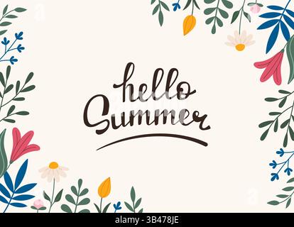 Decorative frame, border with flowers - tulip, leaves, lilies. Vector. Hello summer lettering. Doodle style. Horizontal Copy space, design template. Hand drawn summer flowers and foliage Stock Vector