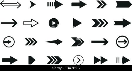 black arrow icon collection with different styles and shapes used for direction signs, interface buttons, and navigation symbols on a white background Stock Vector