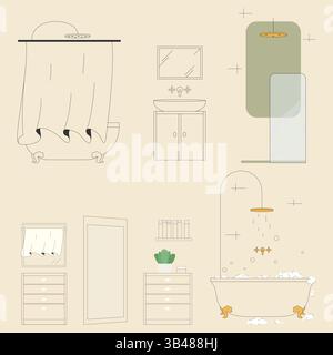Sink, bath items accessories. Shower, bathroom interior with soapy foam water filled tub vector illustration. Restroom elements, body care and hygiene Stock Vector