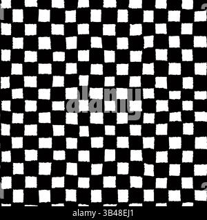 Checkerboard pattern background in black and white, seamless hand drawn grid with grainy square texture, abstract vector print, drag to swatches panel Stock Vector