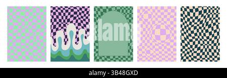 Set of psychedelic retro patterns. Abstract Groovy backgrounds. Trendy twisted and checkered vector texture in abstract y2k style. Vector graphic for Stock Vector