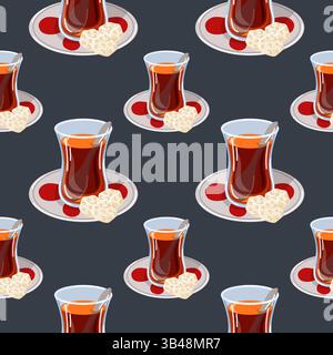 Seamless pattern with traditional Turkish tea glasses on saucers with sugar cubes and spoon on dark background in cartoon style. Perfect for cafe Stock Vector