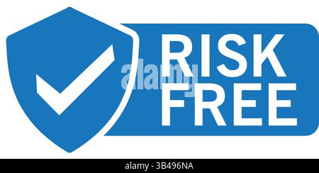 blue shield icon with white check mark and risk free text showing guarantee, trust, and secure concept Stock Vector