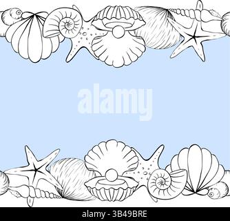 Seashell frame seamless horizontal border template for text. Vector graphic line ink illustration. For poster, flyer, banner, invitation, social media Stock Vector