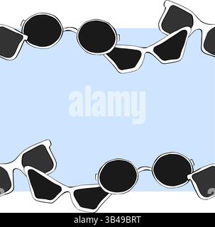 Sunglasses frame seamless horizontal border template for text. Vector graphic line ink illustration. Black sunglass, mens glasses silhouette and retro Stock Vector