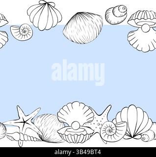 Seashells and starfish frame seamless horizontal border template for text. Vector graphic line ink illustration. Marine life For poster, flyer, banner Stock Vector