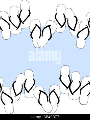 Flip flops summer shoes frame seamless horizontal border template for text. Vector graphic line ink illustration. for package, vacation design, fabric Stock Vector