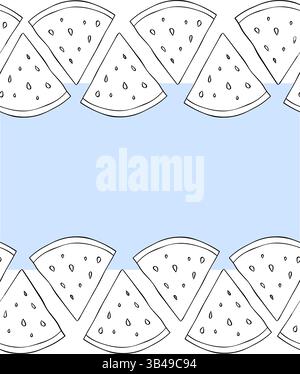Watermelon slices frame seamless horizontal border template for text. Vector graphic line ink illustration. Perfect for any occasion or meal, it embod Stock Vector