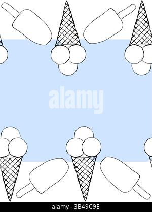 Ice cream frame seamless horizontal border template for text. Vector graphic line ink illustration. Tasty bright ice cream stick and cones for package Stock Vector