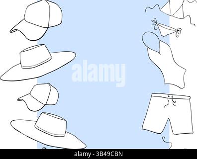Swimsuit cap and hat frame seamless vertical border template for text. Vector graphic line ink illustration. Summer Pool Background For logo, web, pac Stock Vector