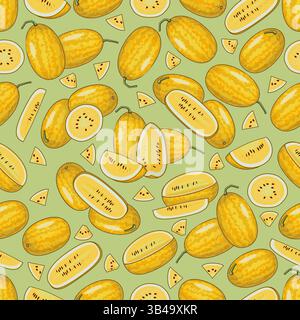 Seamless pattern with Gold in Gold Watermelon. Citrullus lanatus. Vegetables. Isolated vector illustration. Stock Vector