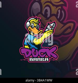 Gamer mascot logo design vector with modern illustration concept style for badge, emblem and t shirt printing. Duck gamer illustration. Stock Vector