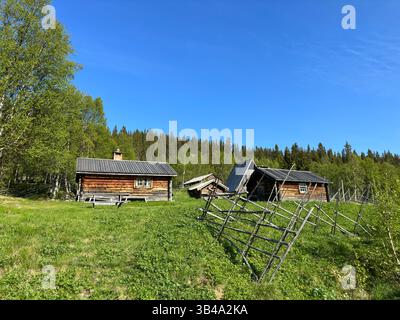 Charming wooden cabins sit in a lush green landscape with a vibrant blue sky, enhancing the serene atmosphere. Stock Photo