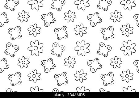 Seamless pattern, coloring page featuring butterflies and spring or summer flower outlines. Abstract background. Perfect for entertaining kids, black Stock Vector