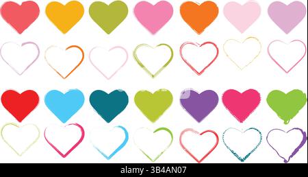 Hand-Drawn Colorful Hearts Set – Grunge Style Vector Icons of Solid and Outlined Hearts for Design, Rating, Scrapbooking Projects. Stock Vector