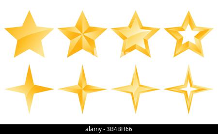 Star shape for award, rating, vote and success insignia set. Glossy feedback, shining prize or golden quality ranking symbol different form isolated o Stock Vector