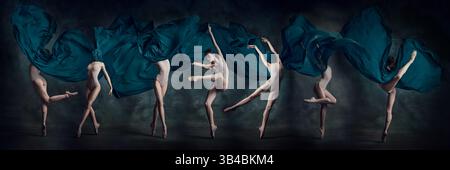 Series of ballet poses captured in motion with emerald fabric forming elegant wave, highlighting movement. Stock Photo