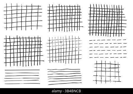 Grid square hand drawn textured lines, notebook grid and striped pattern. Set Doodle geometric net, chalk or crayon stroke. Vector illustration Stock Vector