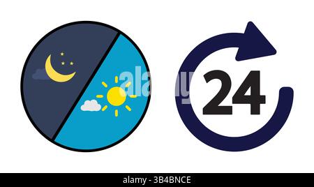 A simple, clean graphic depicting 24-hour availability. Stock Vector