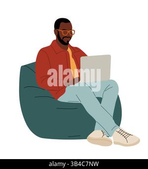 Black man sitting on beanbag armchair with laptop Stock Vector