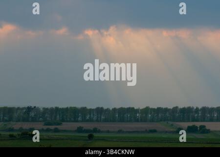 Landscape late afternoon south downs England UK sun beams peeking out from behind clouds streaking pinkish light onto row of trees and farm land below Stock Photo