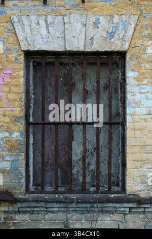 A haunting image of an old barred window set into a weathered brick wall. The rusted metal frame and prison-style grating are partially covered in cre Stock Photo