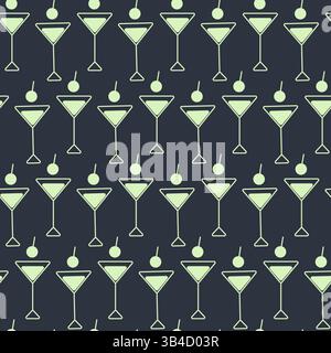 Triangular Martini Glasses and cherry symbolic Seamless background Neon light yellow green on dark. Isolated Vector illustration Beverage Menu Cards Background Wallpaper posting, promo banner, leaflet Stock Vector