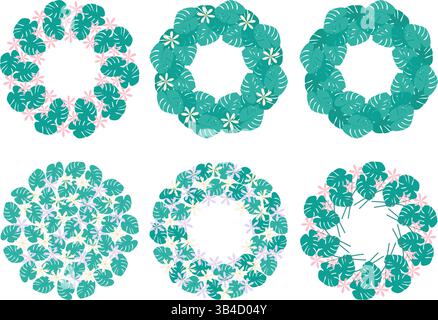 Tropical flowers and Monstera leaves Circle Frame border and Background Copy space Template Big Set. Isolated Vector illustration Vacation Cards, leaflets, poster, price tag, label or web promo banner Stock Vector
