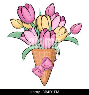 Cute cartoon bouquet of tulips in an ice cream cone with a pink bow. Vector illustration with flowers on a white background. Stock Vector