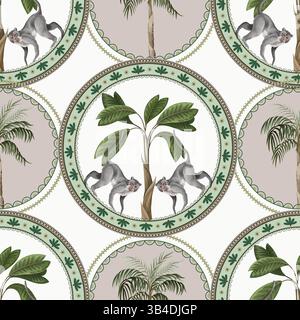 Seamless pattern with ornamental circle, monkeys and palm trees. Vector. Stock Vector