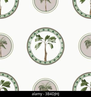 Seamless pattern with ornamental circle and palm trees. Vector. Stock Vector