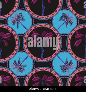 Seamless pattern with ornamental circle and palm trees. Vector. Stock Vector