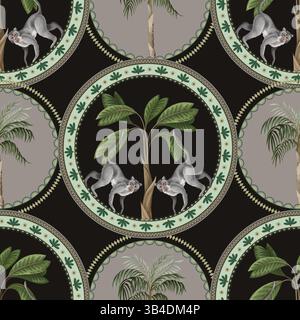 Seamless pattern with ornamental circle, monkeys and palm trees. Vector. Stock Vector