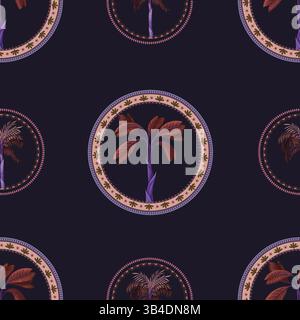 Seamless pattern with ornamental circle and palm trees. Vector. Stock Vector