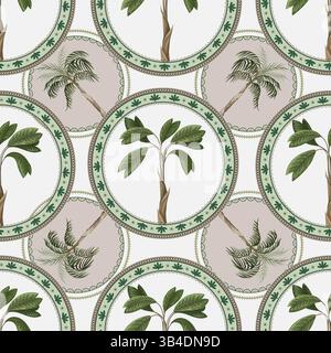 Seamless pattern with ornamental circle and palm trees. Vector. Stock Vector