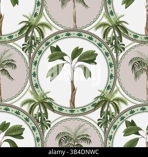 Seamless pattern with ornamental circle and palm trees. Vector. Stock Vector