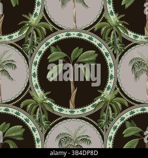 Seamless pattern with ornamental circle and palm trees. Vector. Stock Vector