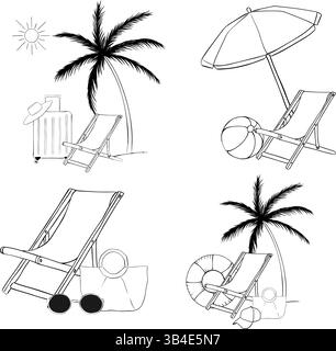Beach umbrella, chair, ball composition set. Vector graphic line ink illustration. objects and toys illustration for package, vacation design, fabric Stock Vector