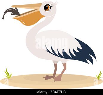 Cute zoo. Vector animals. The pelican eats fish. Vector collection of animals. Isolated on white background. Stock Vector