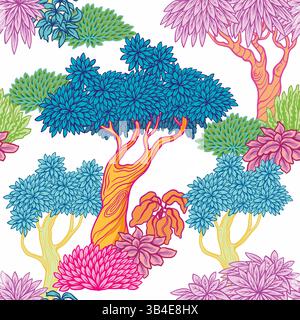 Seamless pattern with vivid stylized trees and plants in graphic style. Vector. Stock Vector