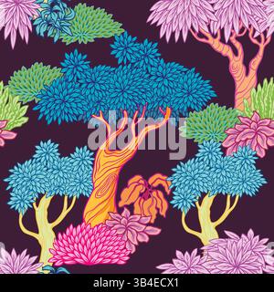 Seamless pattern with vivid stylized trees and plants in graphic style. Vector. Stock Vector
