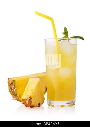 Pineapple juice in glass with yellow straw, mint leaf and sliced ​​fruits isolated on white background Stock Photo
