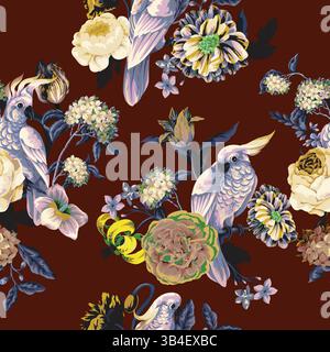 Seamless pattern with parrots and painting rococo still-lifes flowers. Vector. Stock Vector