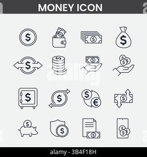 Minimalist Money Icon Set Financial Symbols, Dollar Signs, Wallets & Banking Elements in Grayscale Line Art Stock Vector
