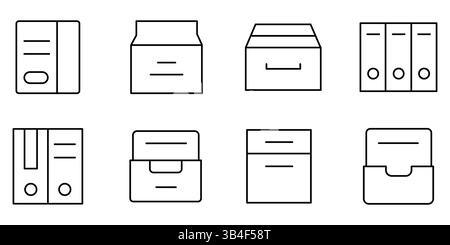 Simple Black Line Icons Depicting Office Filing and Storage vector. Archive line icon vector Stock Vector