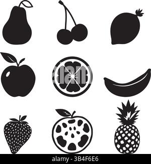 Fruit Silhouette Collection – Black and White Minimalist Vector Set of Organic Food and Geometric Produce Designs Stock Vector