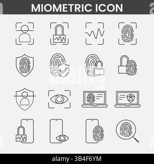 Minimalist Biometric Icon Set: Fingerprint, Face Scan, Eye ID & Digital Security Symbols in Black & White Vector Style Stock Vector