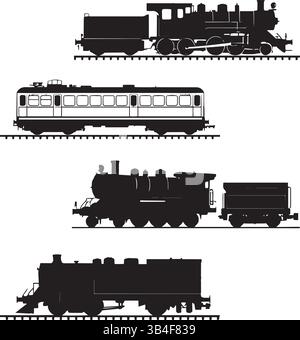 Train Silhouettes Collection – Black Minimalist Railway Vector Illustration for Travel and Transportation Design Use Stock Vector